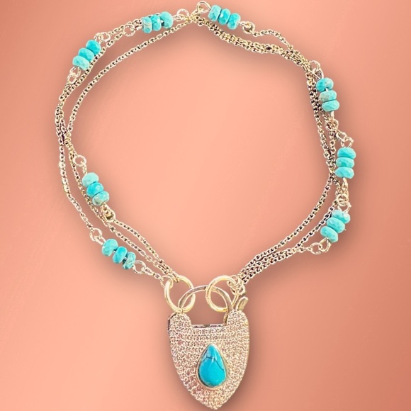 NEW Genuine Turquoise Beaded Gold-Plated Tri-Chain Multi Strand Padlock Bracelet - Picture 1 of 10
